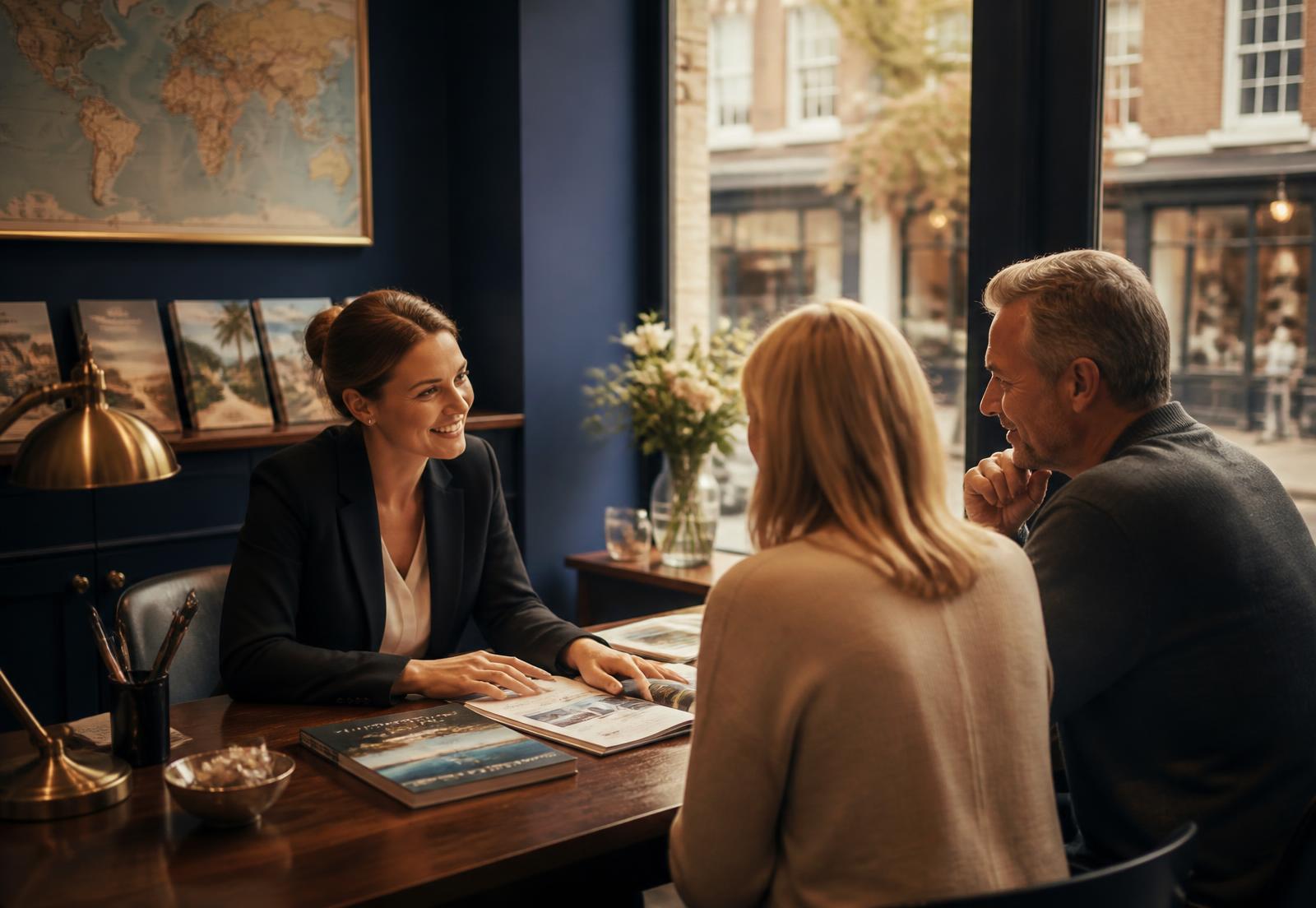 A Swift Travel consultant discussing an itinerary with two clients at a desk in the Loughton High Road shop
